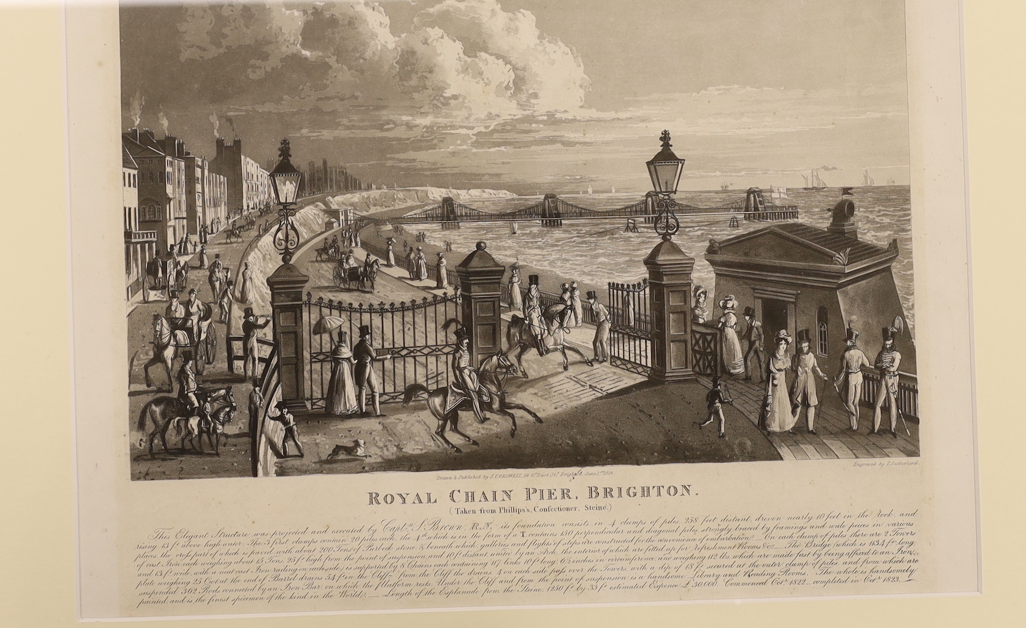 Eight 19th century engravings and prints of Brighton Chain Pier, some hand coloured, including one after Joseph Cordwell, Royal Chain Pier, Brighton, publ. 1824 and one after John Bruce